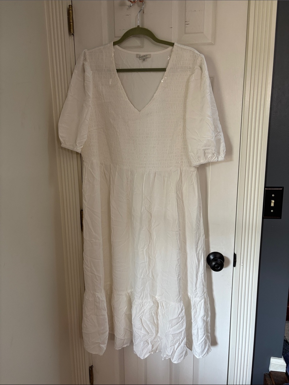 Smocked V-Neck White Midi Dress by Angels